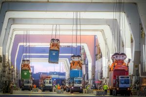 Nine ship-to-shore cranes work two container vessels at the Georgia Ports Authority Garden City Terminal near Savannah Ga. (Georgia Ports Authority/Stephen B. Morton)